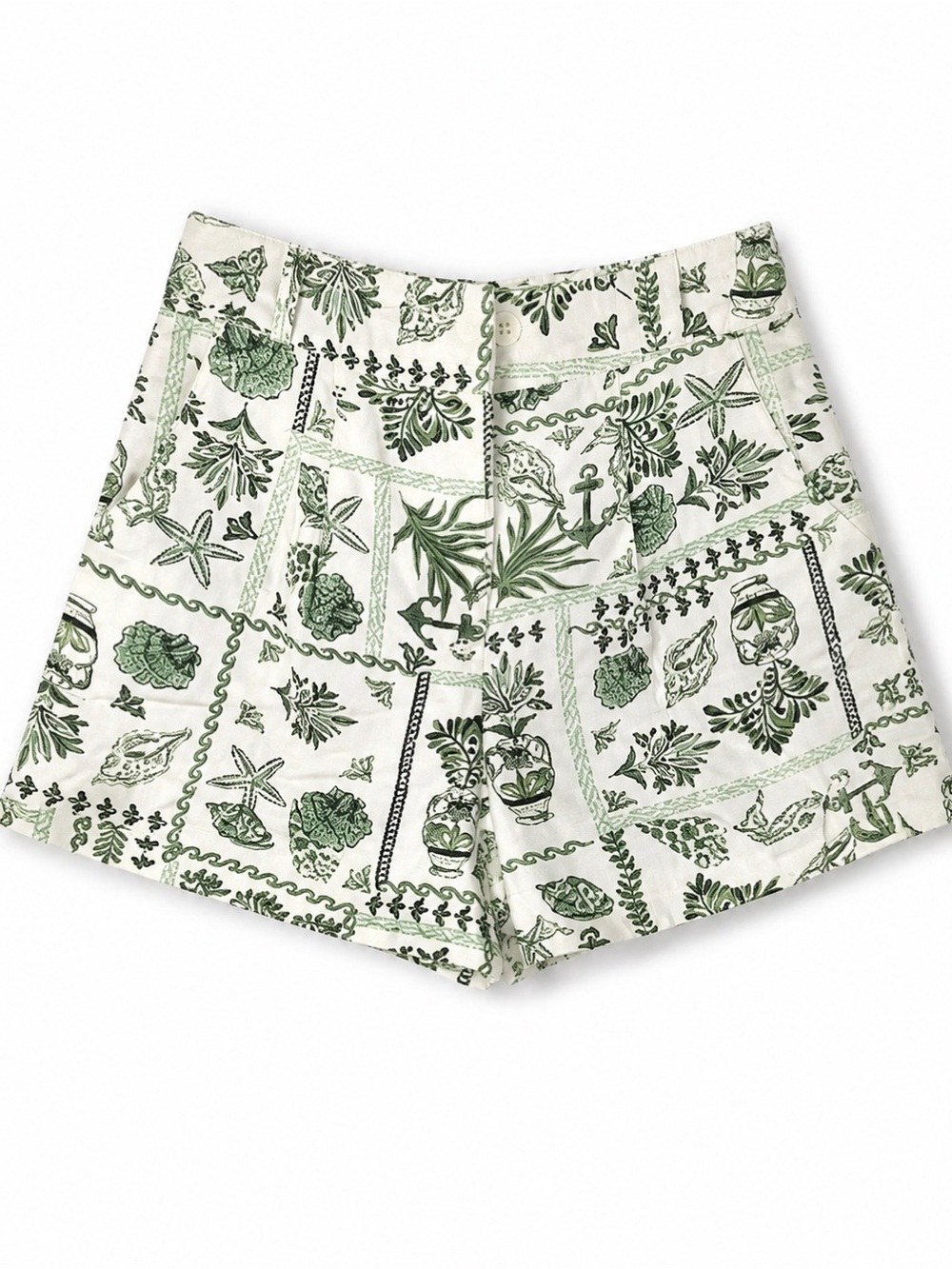 High-Waist Green Botanical Print Cotton Shorts